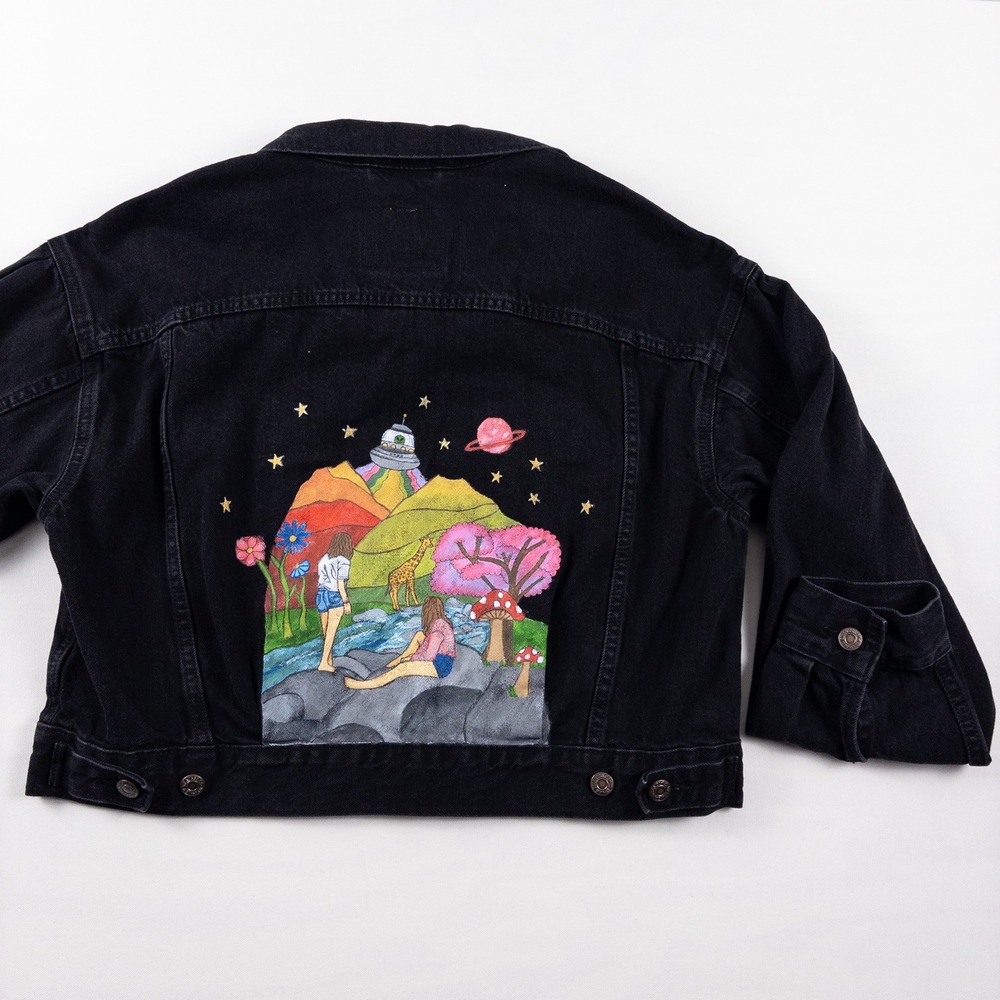 Levis Denim Jacket Womens M Black Custom Painted‎ Alien Mushroom Nature Pride - Picture 5 of 9